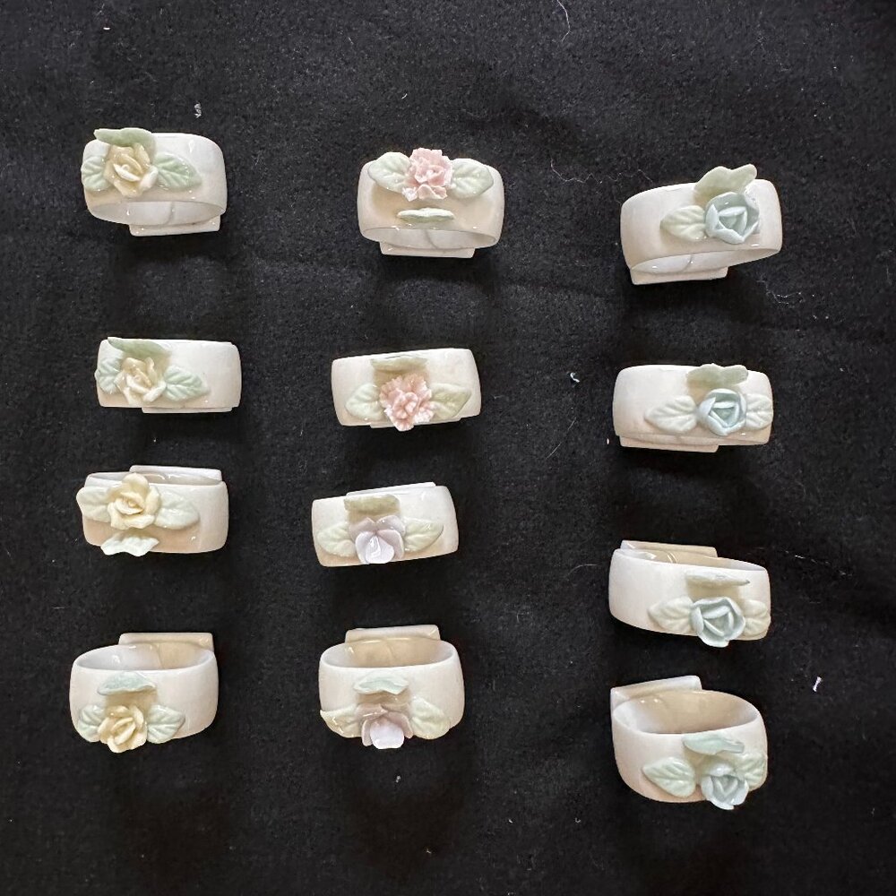 Vtg. Set of 12 White Floral Porcelain Ardalt Napkin Ring Holders Made In Japan